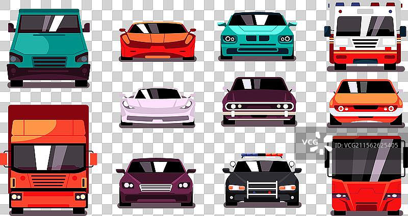 城市汽车，轿车、面包车和卡车的正面视图图片素材