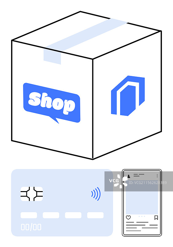 电子商务包裹与信用卡和智能手机图片素材