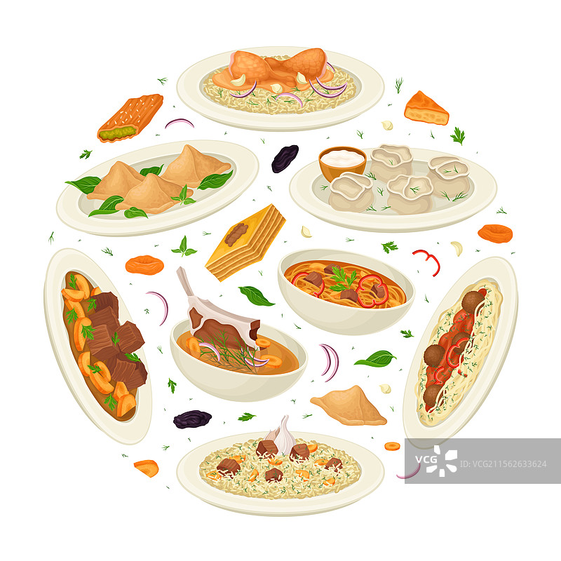 乌兹别克斯坦美食菜肴和餐点的圆形构图图片素材