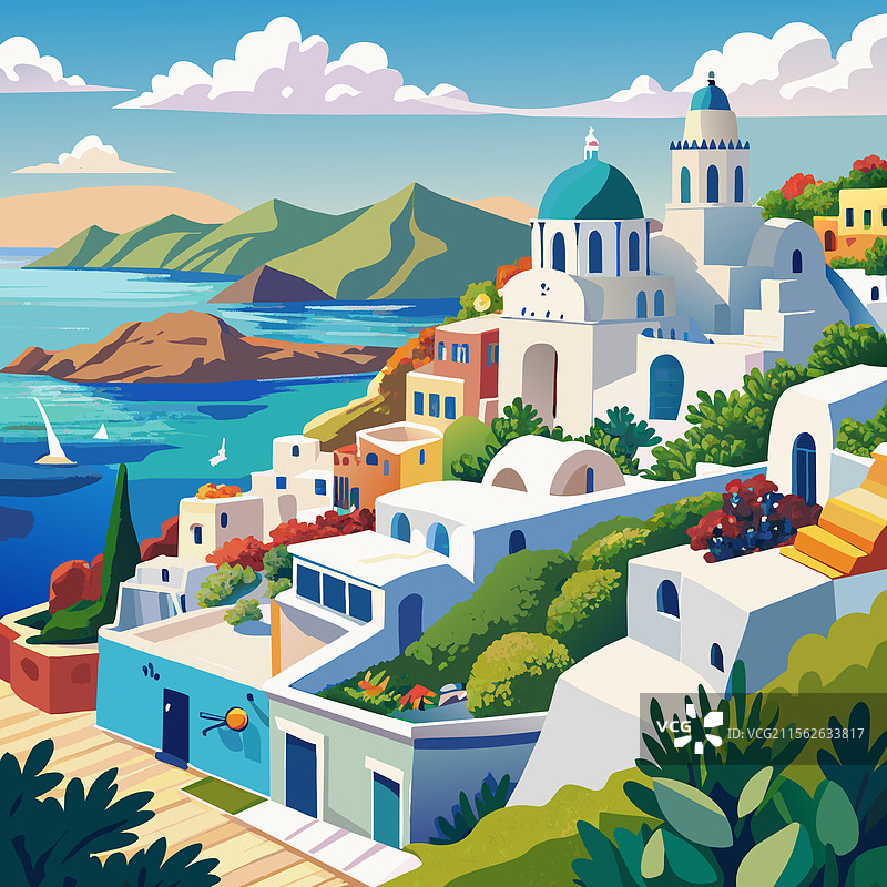 希腊小村庄的蓝色画作图片素材
