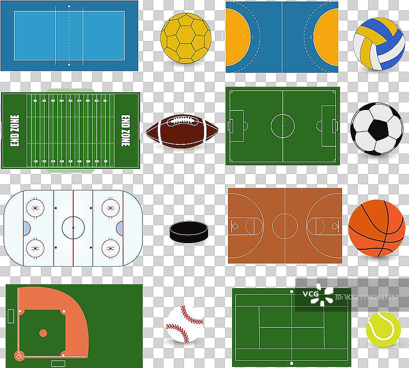 网球、棒球和足球的运动场地图片素材
