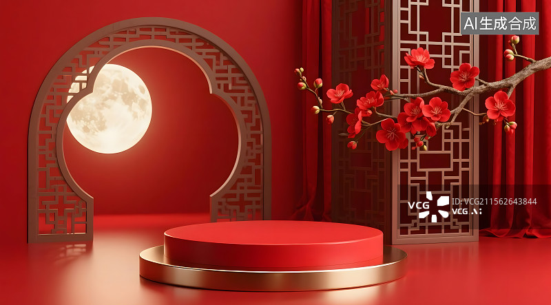 【AI数字艺术】中国风红色电商展台图片素材