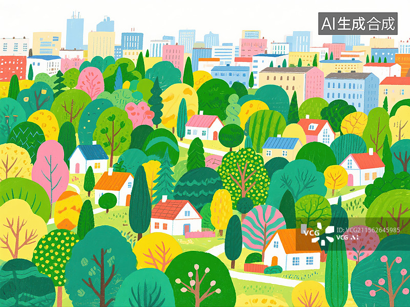 【AI数字艺术】城市与乡村融合的多彩插画景观图片素材