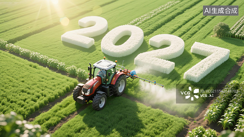 【AI数字艺术】绿色农田中拖拉机驶过2027数字图片素材