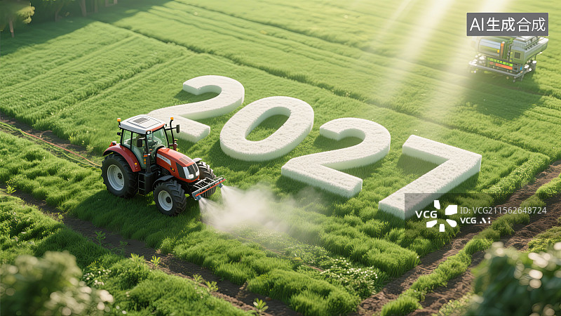 【AI数字艺术】绿色农田中拖拉机驶过2027数字图片素材