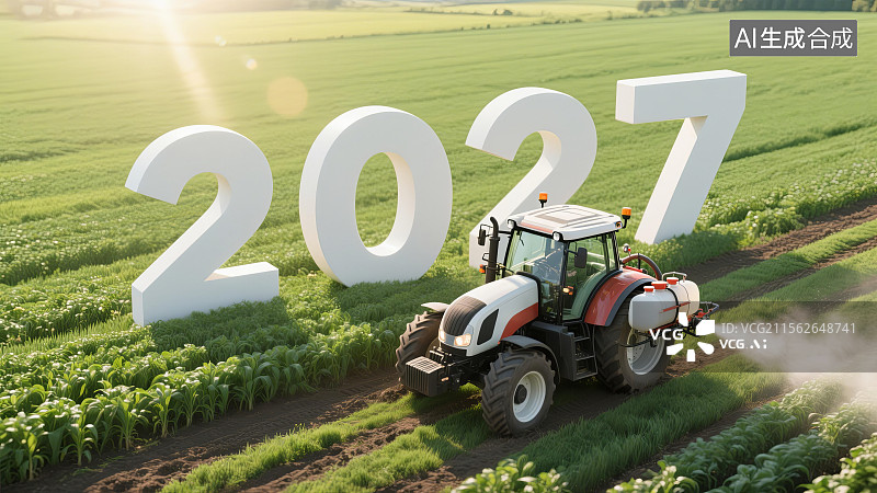 【AI数字艺术】绿色农田中拖拉机驶过2027数字图片素材