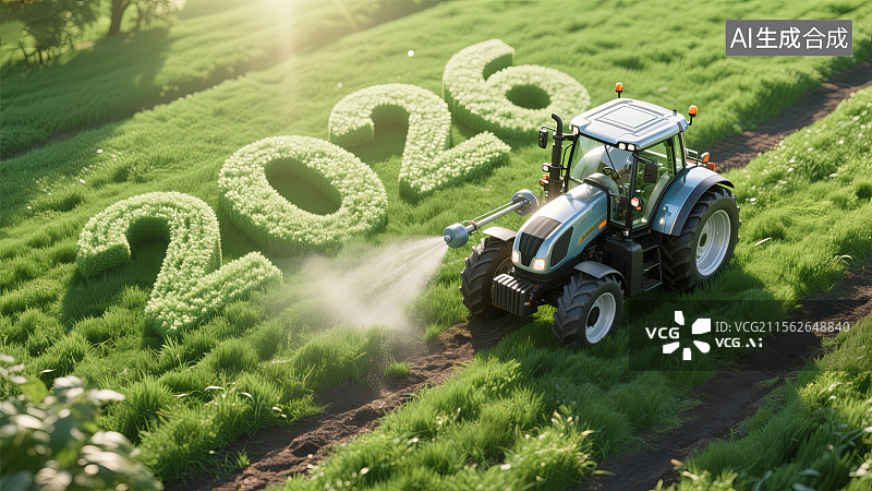 【AI数字艺术】绿色农田中拖拉机驶过2026数字图片素材