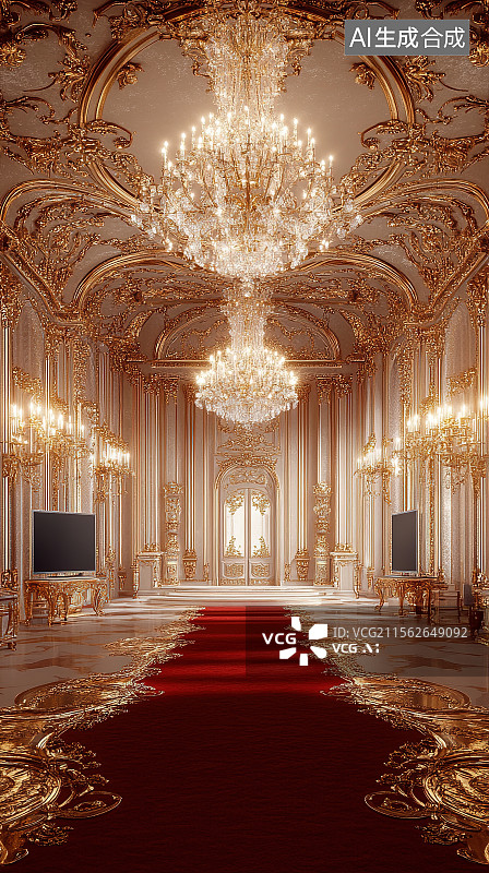 【AI数字艺术】欧式奢华古堡宴会厅水晶吊灯红毯家电电商背景3D渲染图片素材
