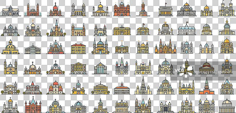 城市建筑线性彩色图标集图片素材