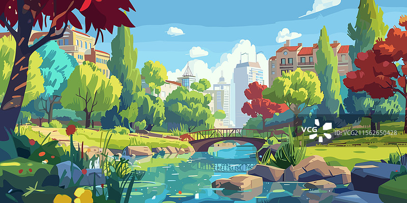 城市公园的卡通风景，拥有异国情调的树木图片素材