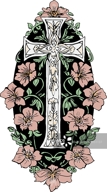 带有粉色花朵的基督教十字架图片素材