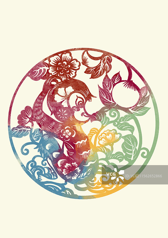 国潮风十二生肖剪纸插画-猴年图片素材