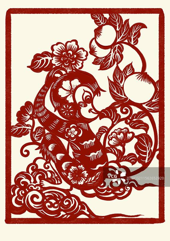 国潮风十二生肖剪纸插画-猴年图片素材