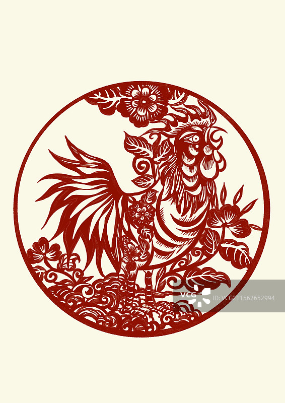 国潮风十二生肖剪纸插画-鸡年图片素材
