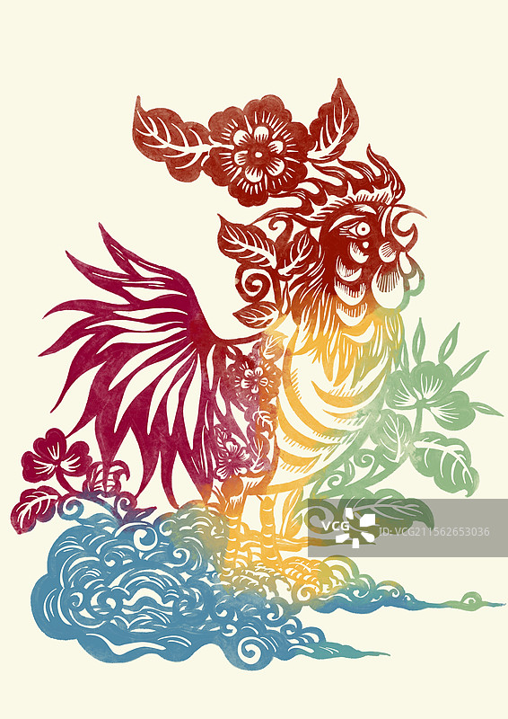 国潮风十二生肖剪纸插画-鸡年图片素材