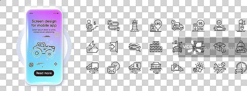 卡车停车、礼物和配送路线线条图标图片素材