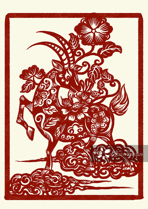 国潮风十二生肖剪纸插画-羊年图片素材