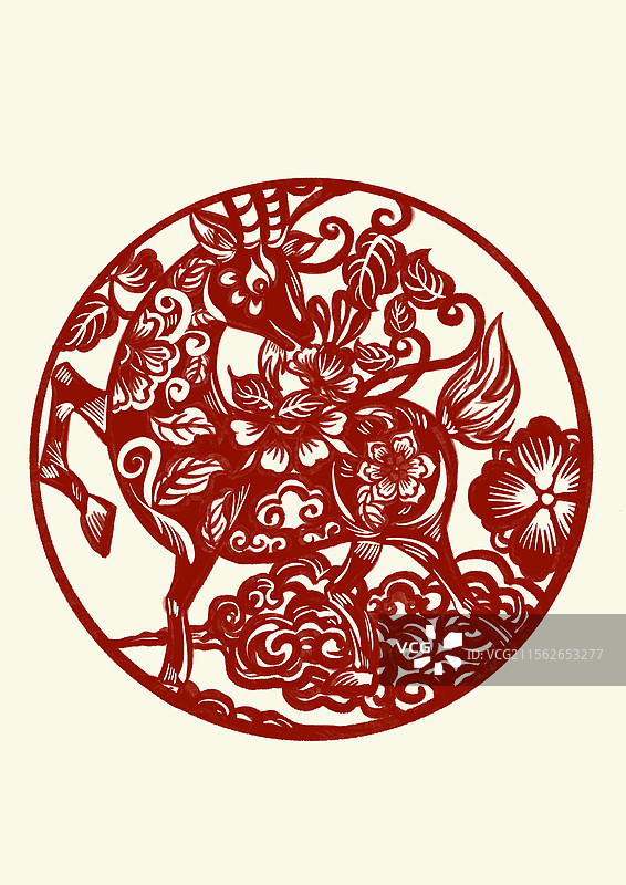 国潮风十二生肖剪纸插画-羊年图片素材