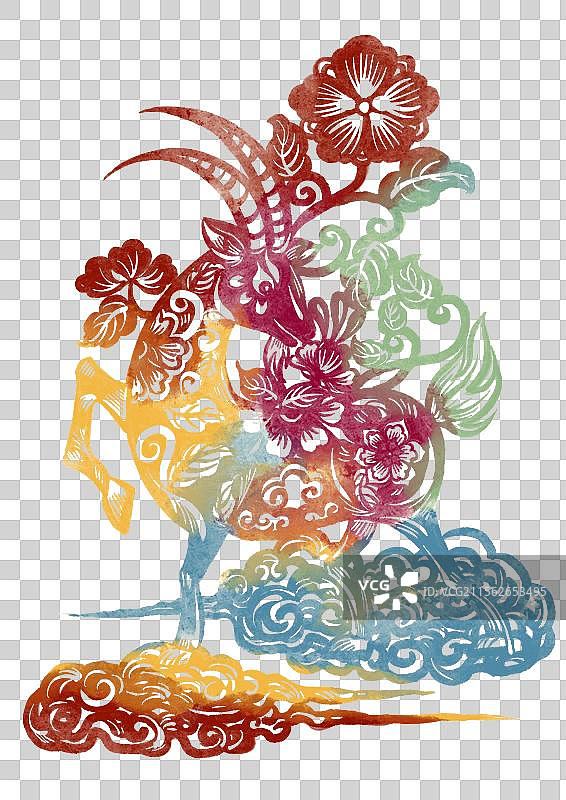 国潮风十二生肖剪纸插画元素-羊年图片素材
