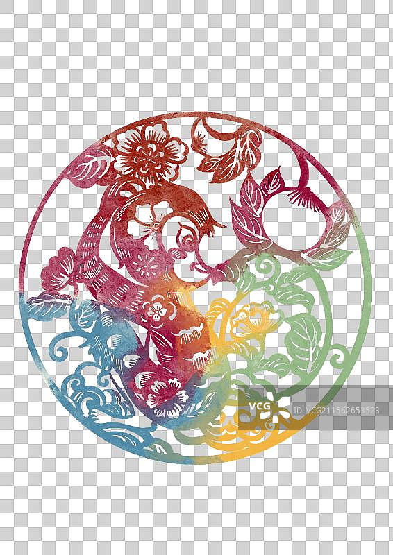 国潮风十二生肖剪纸插画元素-猴年图片素材