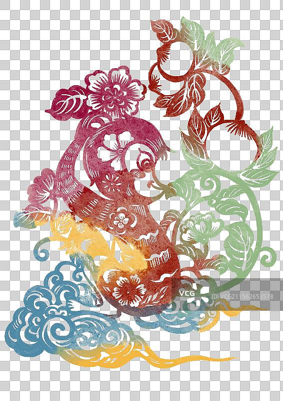 国潮风十二生肖剪纸插画元素-猴年图片素材