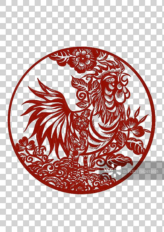 国潮风十二生肖剪纸插画元素-鸡年图片素材