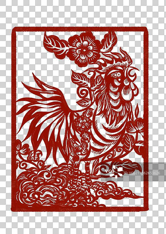 国潮风十二生肖剪纸插画元素-鸡年图片素材