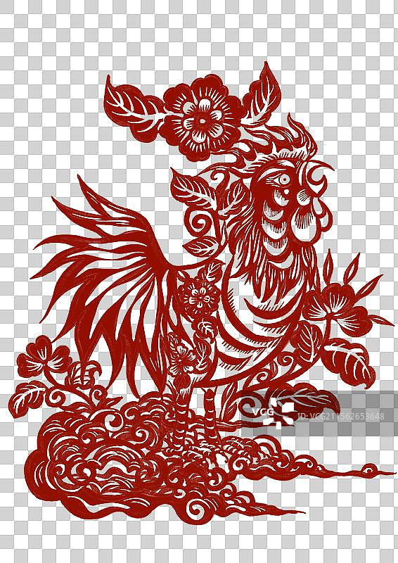 国潮风十二生肖剪纸插画元素-鸡年图片素材