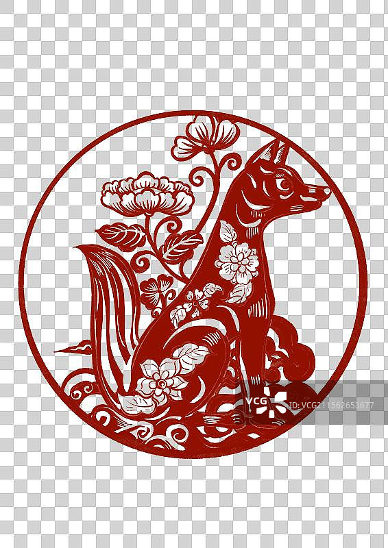 国潮风十二生肖剪纸插画元素-狗年图片素材