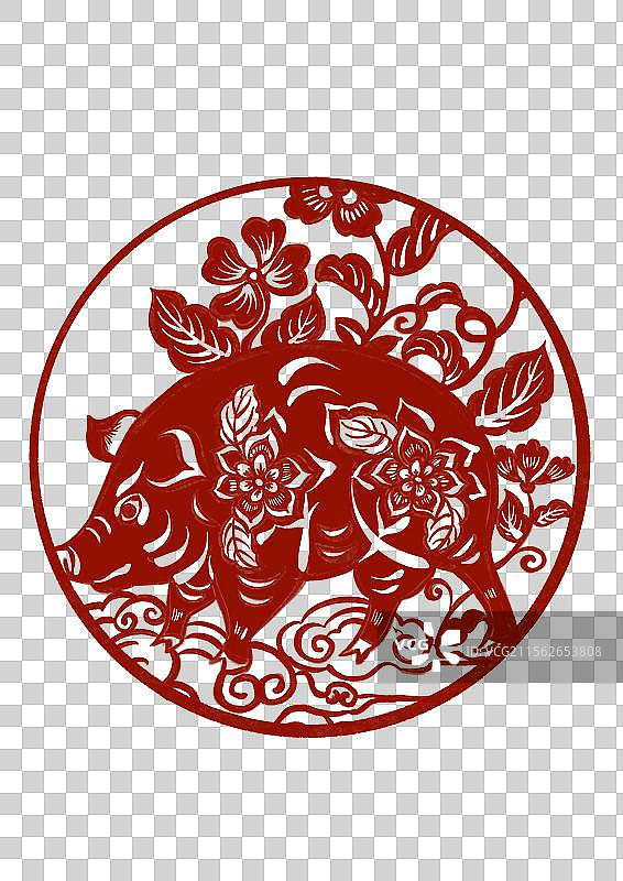 国潮风十二生肖剪纸插画元素-猪年图片素材