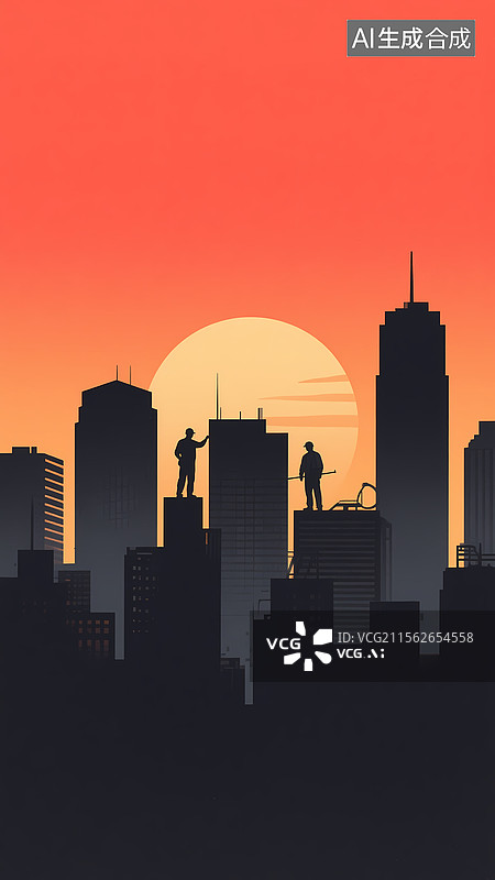 【AI数字艺术】五一劳动节扁平爱马仕橙红城市天际线剪影插画图片素材