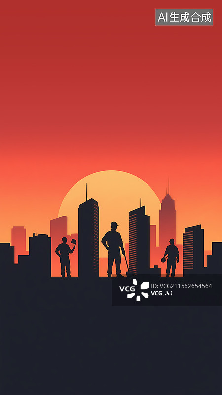 【AI数字艺术】五一劳动节扁平爱马仕橙红城市天际线剪影插画图片素材