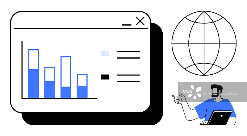 男子在笔记本电脑上分析柱状图数据，旁边有一个地球仪。图片素材