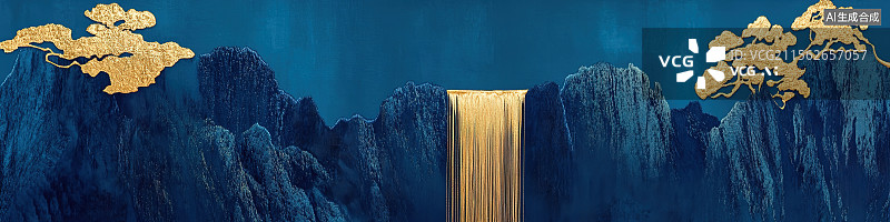 【AI数字艺术】克莱因蓝鎏金山水瀑布、金蓝色山、中国刺绣工艺图片素材