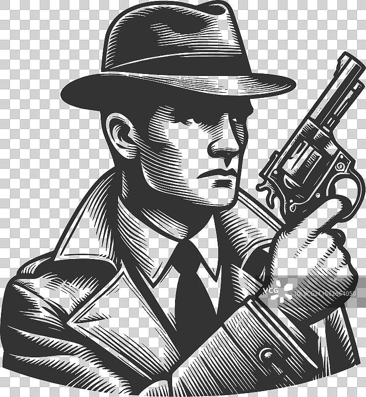 带有雕刻的左轮手枪的黑色侦探图片素材