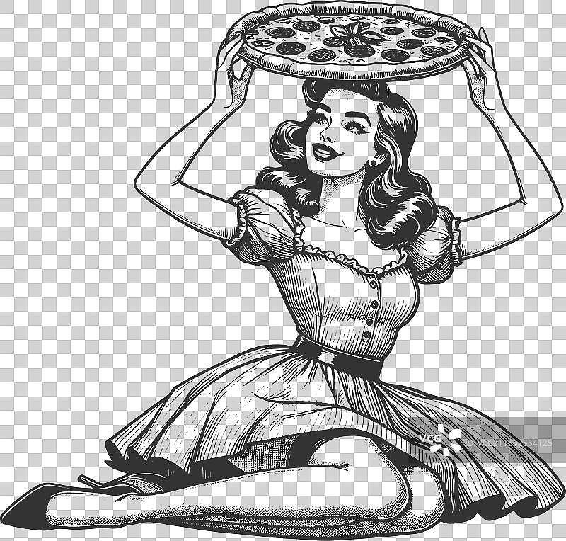 手持披萨的女性雕刻画图片素材