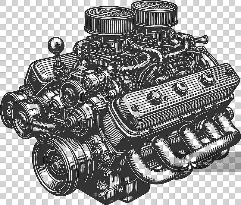 经典汽车发动机的详细雕刻图片素材