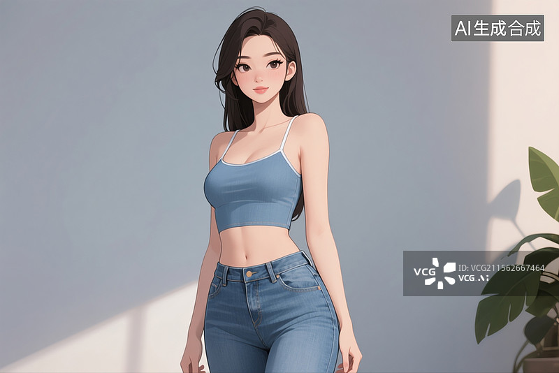 【AI数字艺术】吊带背心，紧身牛仔裤穿搭，身材高挑，时尚美女，卡通插画图片素材
