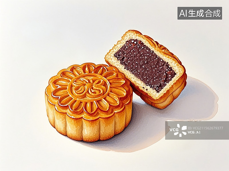 【AI数字艺术】豆沙月饼-传统美食小吃手绘插画图片素材
