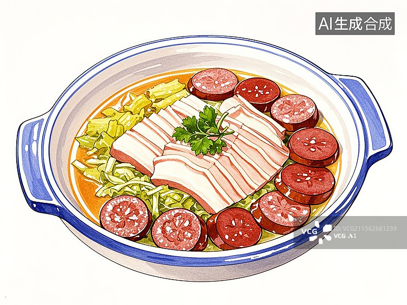【AI数字艺术】酸菜白肉血肠-传统美食小吃手绘插画图片素材