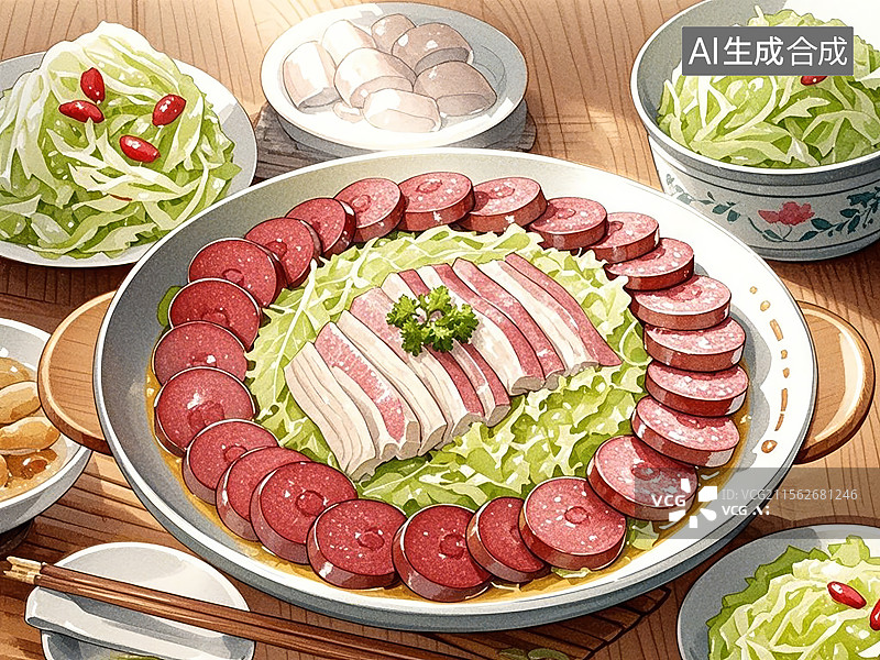 【AI数字艺术】酸菜白肉血肠-传统美食小吃手绘插画图片素材