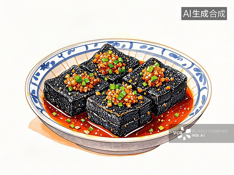 【AI数字艺术】长沙臭豆腐-传统美食小吃手绘插画图片素材