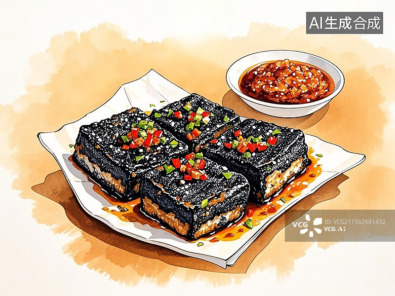 【AI数字艺术】长沙臭豆腐-传统美食小吃手绘插画图片素材
