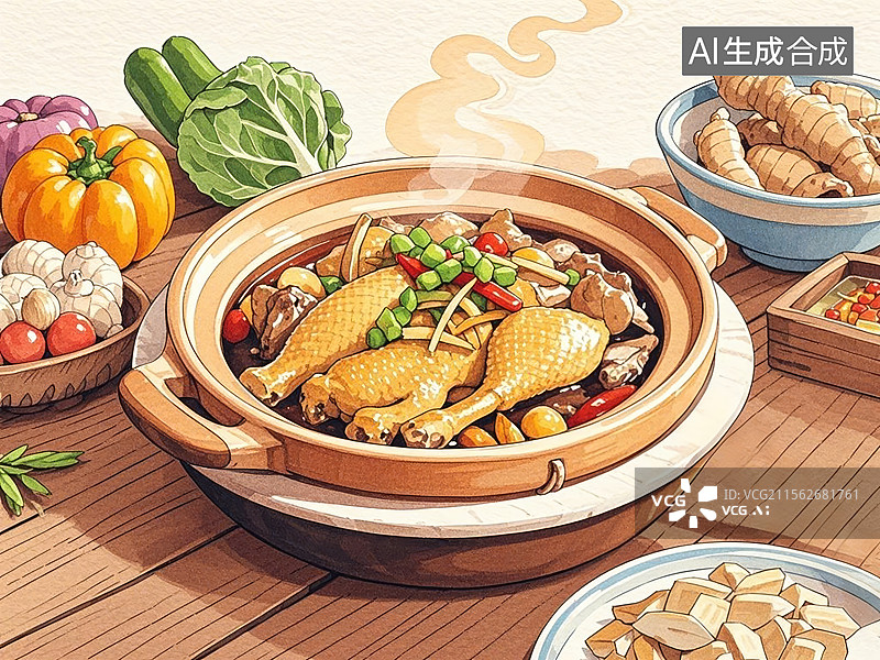 【AI数字艺术】食闽南姜母鸭-传统美食小吃手绘插画图片素材