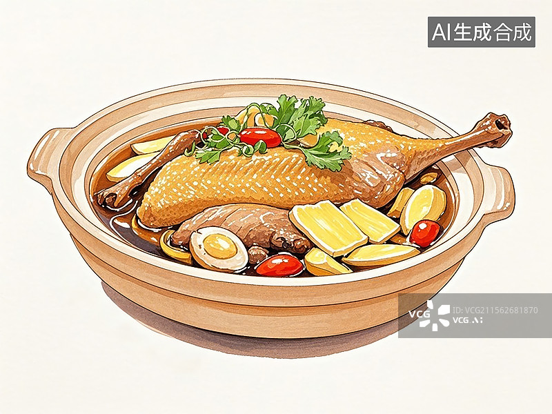 【AI数字艺术】食闽南姜母鸭-传统美食小吃手绘插画图片素材