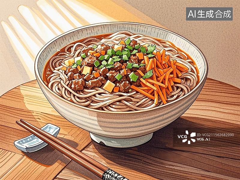 【AI数字艺术】陕西榆林羊肉臊子剁荞面-传统美食小吃手绘插画图片素材