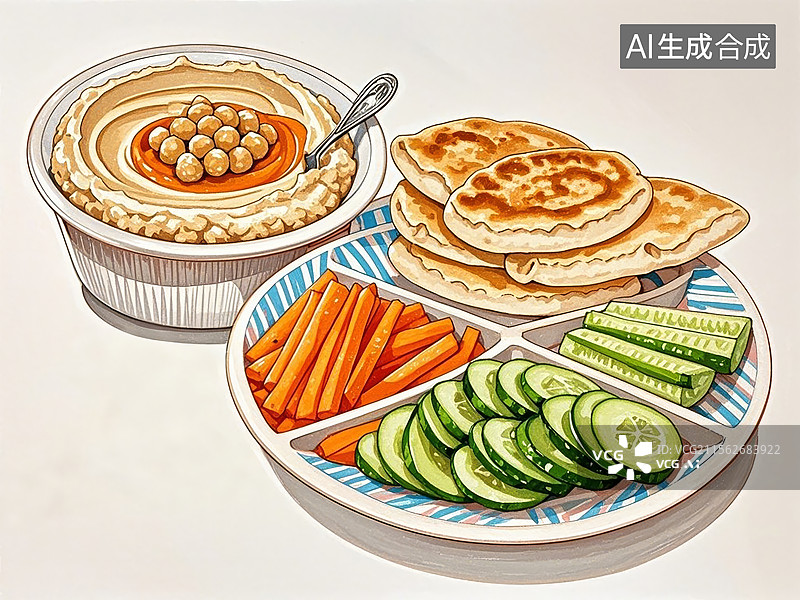 【AI数字艺术】鹰嘴豆泥配皮塔饼-传统美食小吃手绘插画图片素材