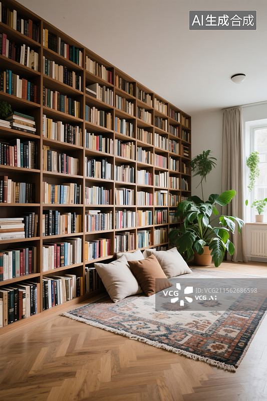 【AI数字艺术】满墙书架放满书籍，书架前面放的地毯图片素材