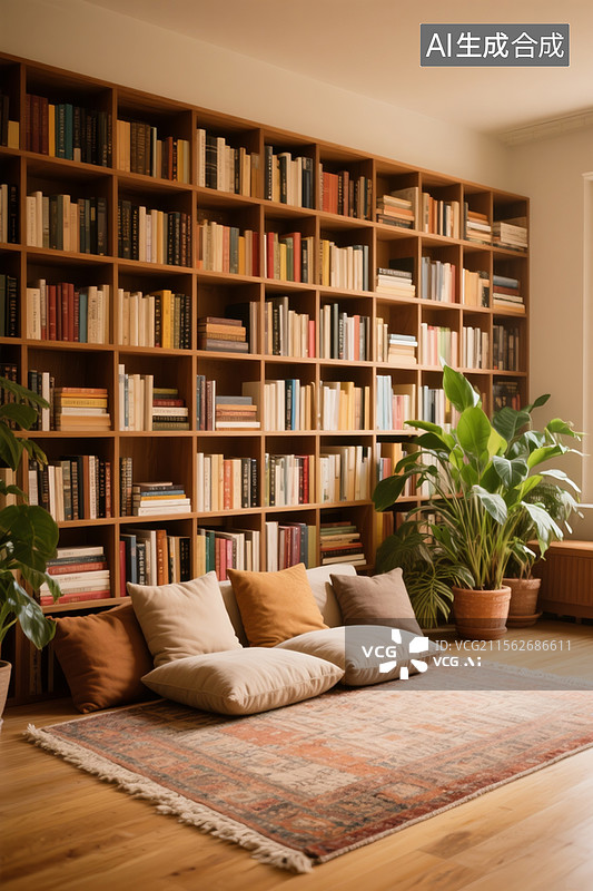 【AI数字艺术】满墙书架放满书籍，书架前面放的地毯图片素材