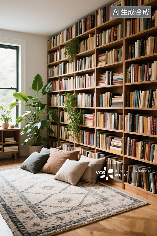 【AI数字艺术】满墙书架放满书籍，书架前面放的地毯图片素材